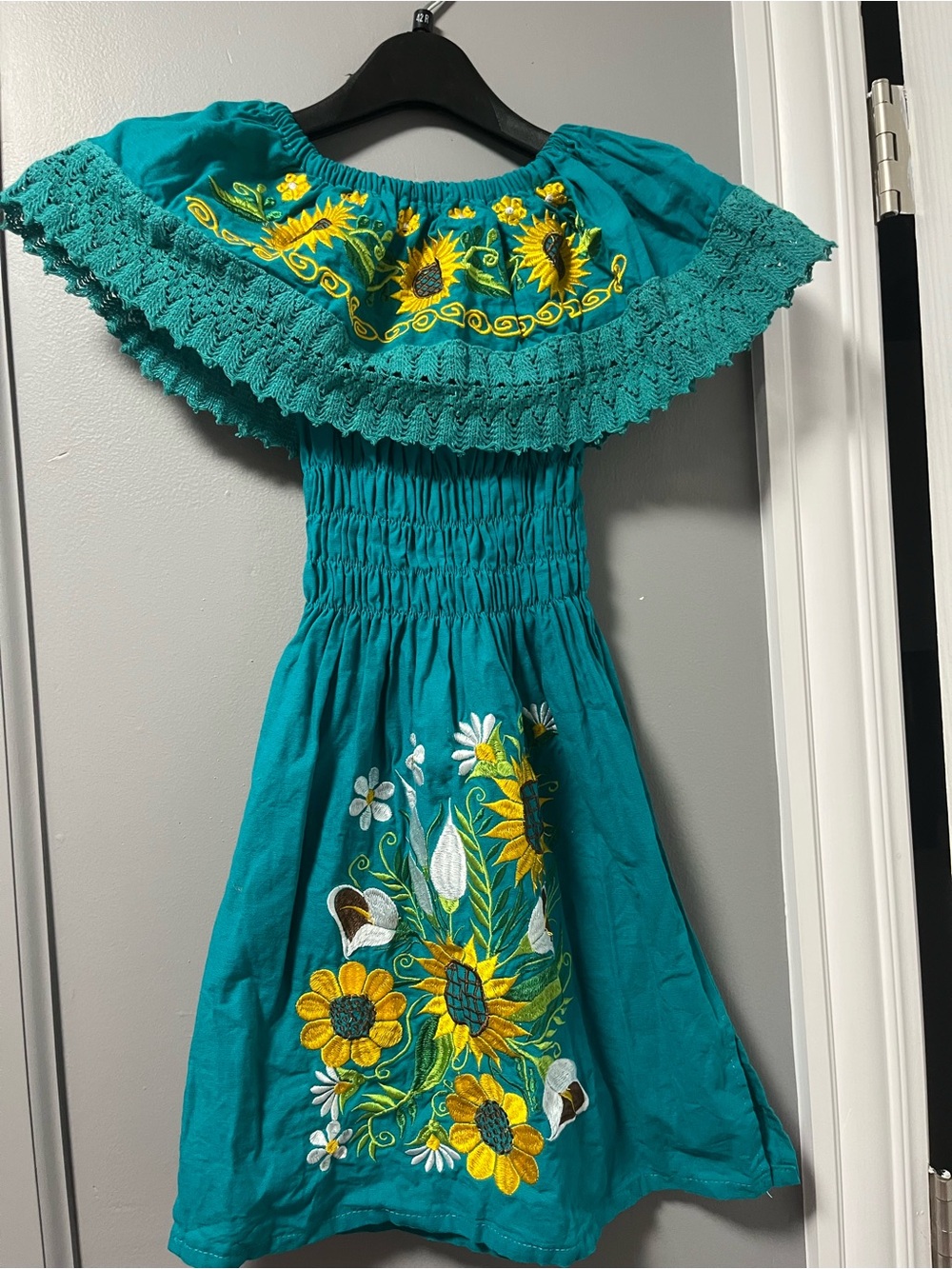 Embroidered Teal Off-Shoulder Sunflower Dress for Girls